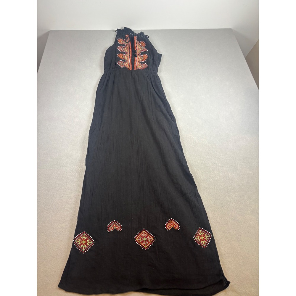 Madewell Embroidered Maxi Dress Black Boho Tassel Halter Gown Size 0
